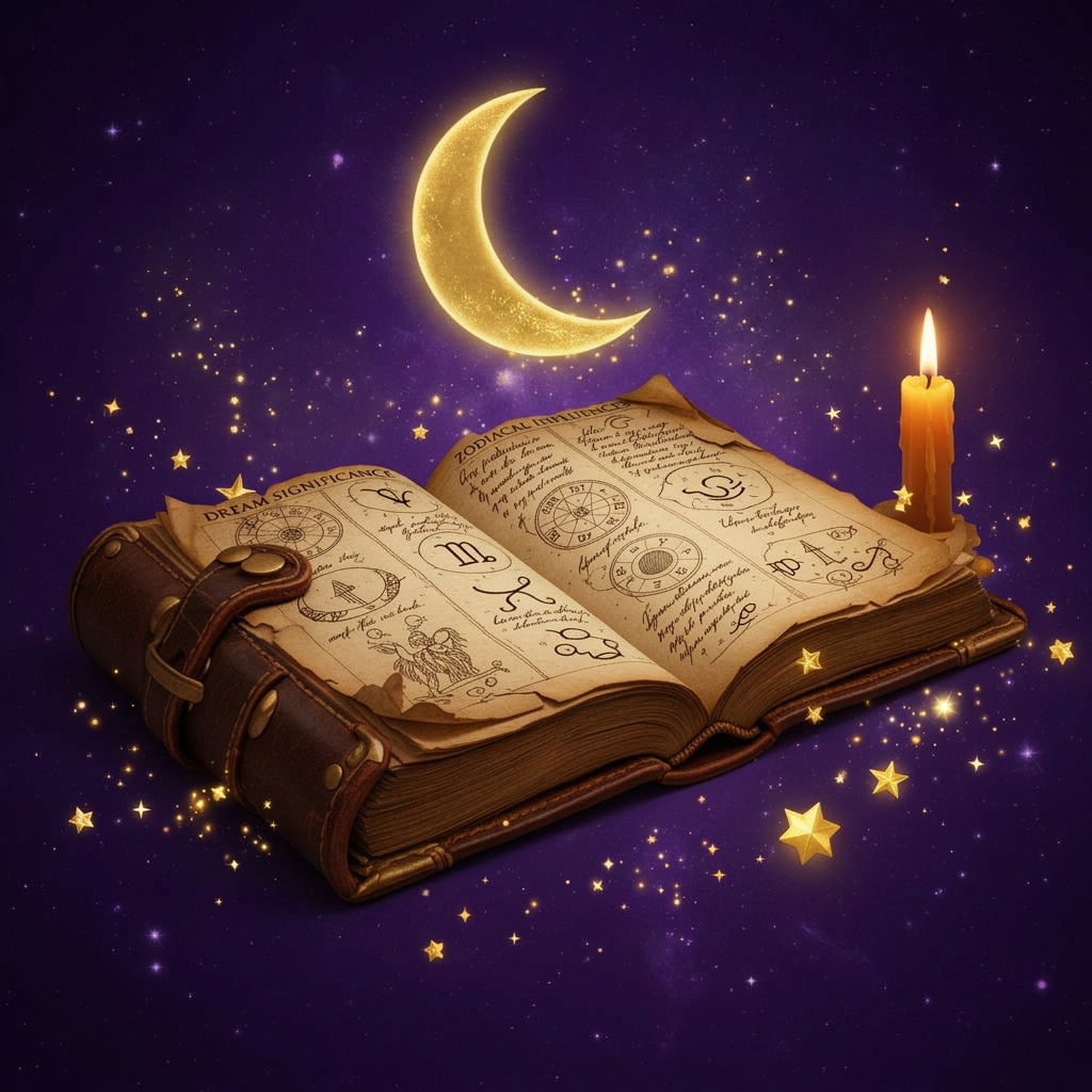 Livro dos sonhos antigo aberto com símbolos místicos à luz de velas